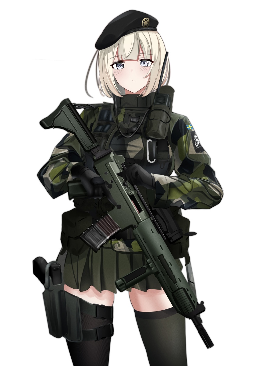 1girl absurdres ak_5 assault_rifle beret black_gloves black_hat black_thighhighs blonde_hair blush camouflage camouflage_jacket closed_mouth feet_out_of_frame fn_fnc gloves green_skirt grey_eyes gun handgun hat highres holding holding_gun holding_weapon holster holstered jacket looking_at_viewer military military_hat military_uniform original pleated_skirt radio revision rifle rynn_(rynn_cube) short_hair skirt solo standing sweden swedish_flag thighhighs trigger_discipline vertical_forward_grip walkie-talkie weapon white_background