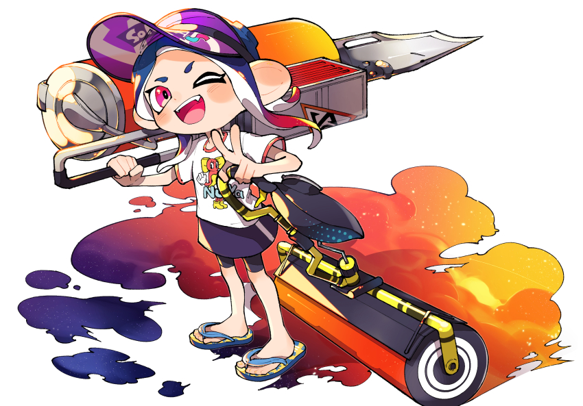 1girl ;d bike_shorts_under_skirt black_shorts blue_hair dark_blue_hair fang flingza_roller_(splatoon) full_body gradient_hair hero_roller_(splatoon) highres inari1369 legs_apart long_hair miniskirt multicolored_hair nintendo octoling octoling_girl octoling_player_character one_eye_closed open_mouth over_shoulder pink_eyes purple_skirt red_hair sandals shirt short_sleeves shorts simple_background single_vertical_stripe skirt smile solo splatoon_(series) standing suction_cups tentacle_hair two-tone_hair v white_background white_shirt
