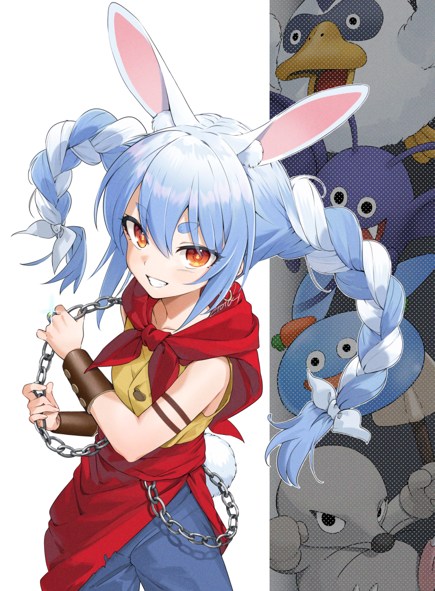 1girl animal_ear_fluff animal_ears bare_shoulders blue_hair blue_pants bracer braid cape carrot_hair_ornament determined dracky dragon_quest_monsters_joker earrings food-themed_hair_ornament gotou_(nekocat) grin hair_between_eyes hair_ornament highres hololive hoop_earrings jewelry long_hair multicolored_hair orange_eyes pants rabbit-shaped_pupils rabbit_ears rabbit_girl rabbit_tail red_cape shirt short_eyebrows single_earring sleeveless sleeveless_shirt slime_(dragon_quest) smile solo_focus swept_bangs symbol-shaped_pupils tail thick_eyebrows twin_braids twintails two-tone_hair usada_pekora v-shaped_eyebrows virtual_youtuber white_hair yellow_shirt