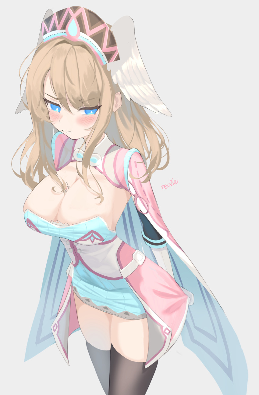 1girl arms_behind_back artist_name black_thighhighs blue_eyes blush breast_tattoo breasts bright_pupils brown_hair cape cleavage commentary_request cosplay eunie_(xenoblade) head_wings highres large_breasts long_hair melia_antiqua melia_antiqua_(cosplay) revvie simple_background solo standing tattoo thighhighs white_background white_pupils wings xenoblade_chronicles_(series) xenoblade_chronicles_1 xenoblade_chronicles_3