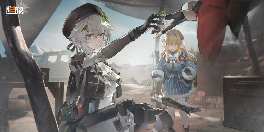 3girls artist_request ascot beret black_gloves black_hat blonde_hair blue_coat blue_eyes chinese_commentary coat detached_arm dropping dushevnaya_(girls&#039;_frontline_2) earmuffs flying_sweatdrops girls&#039;_frontline girls&#039;_frontline_2:_exilium gloves hat highres joints ksvk_(girls&#039;_frontline) mechabare mechanical_arms mechanical_legs multiple_girls official_art out_of_frame partially_fingerless_gloves reaching reaching_towards_another robot_joints second-party_source sitting suomi_(girls&#039;_frontline) suomi_(girls&#039;_frontline_2) tent ullrid_(girls&#039;_frontline_2) white_hair winter_clothes winter_coat