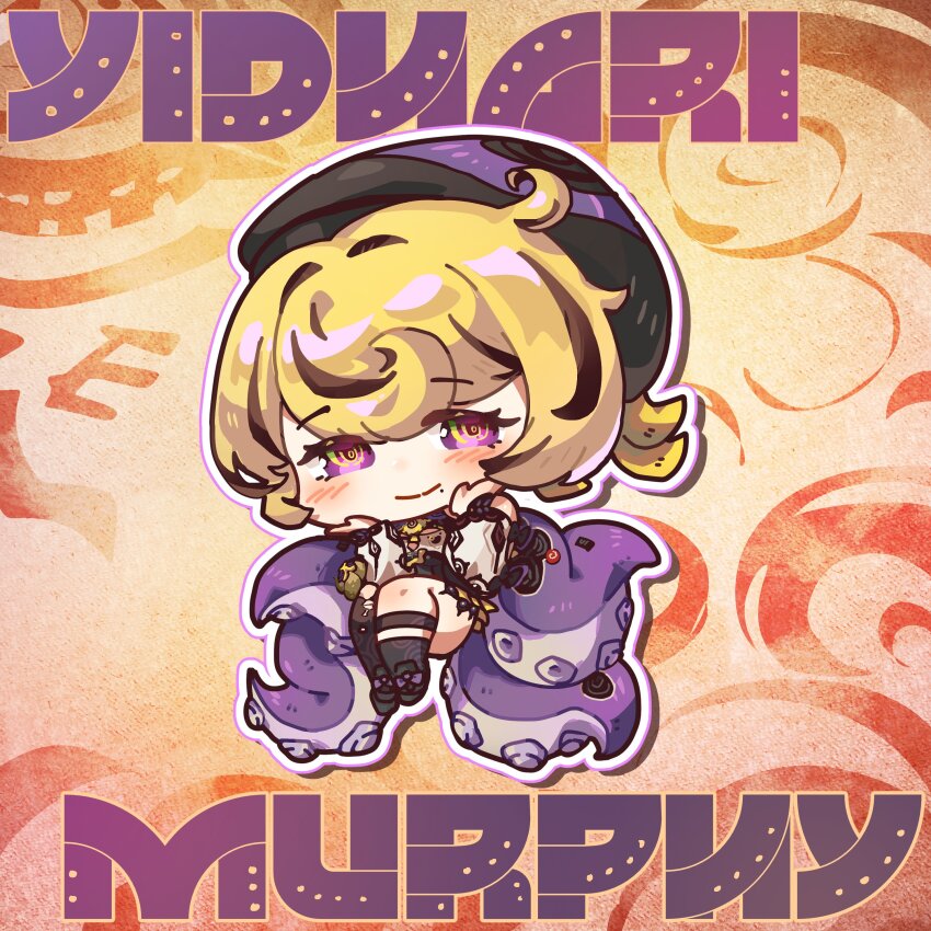 1girl absurdres bare_shoulders beret black_hat black_shorts blonde_hair blush character_name chibi chibi_only closed_mouth commentary cowlick detached_sleeves erty113 hands_on_own_cheeks hands_on_own_face hashtag-only_commentary hat high-waist_shorts highres knees_up looking_at_viewer mole mole_under_mouth orange_background purple_eyes shirt short_hair shorts single_sock single_thighhigh smile socks solo suction_cups symbol-only_commentary tentacle_girl tentacle_tail tentacles thighhighs torn_clothes torn_thighhighs white_shirt white_sleeves yidhari_murphy zenless_zone_zero