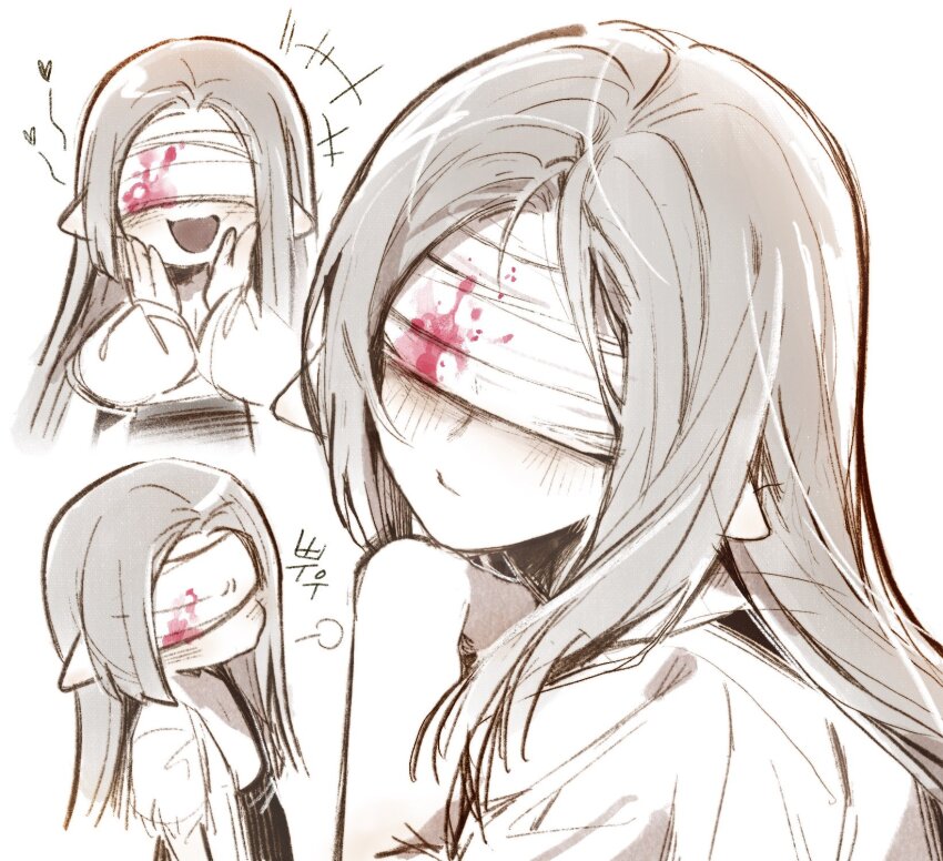 +++ 1boy bandages bandages_over_eyes blood bloody_bandages commentary_request facing_viewer grey_hair highres homicipher korean_commentary korean_text long_hair male_focus mr._silvair multiple_views pointy_ears simple_background sweeeet_him translation_request white_background