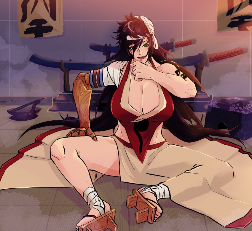 1girl bandages bandana bare_shoulders black_hair bleach breasts chair cleavage_cutout clog_sandals clothing_cutout dojo female_focus green_eyes hand_on_own_knee highres incense japanese_clothes japanese_text katana kimono large_breasts long_hair looking_at_viewer midriff_peek muscular muscular_female navel pale_skin prosthesis prosthetic_arm shiba_kuukaku sitting smile solo sword tattoo teasing weapon wooden_floor wooden_wall yukata