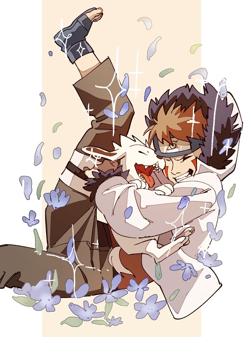akamaru_(naruto) animal animal_hug black_boots blue_flower boots brown_hair brown_pants closed_eyes dog facial_mark flower forehead_protector fur-trimmed_hoodie fur_trim grin highres hood hoodie inuzuka_kiba konohagakure_symbol naruto naruto_(series) open-toe_boots open_mouth pants pnpk_1013 short_hair smile teeth white_dog white_hoodie
