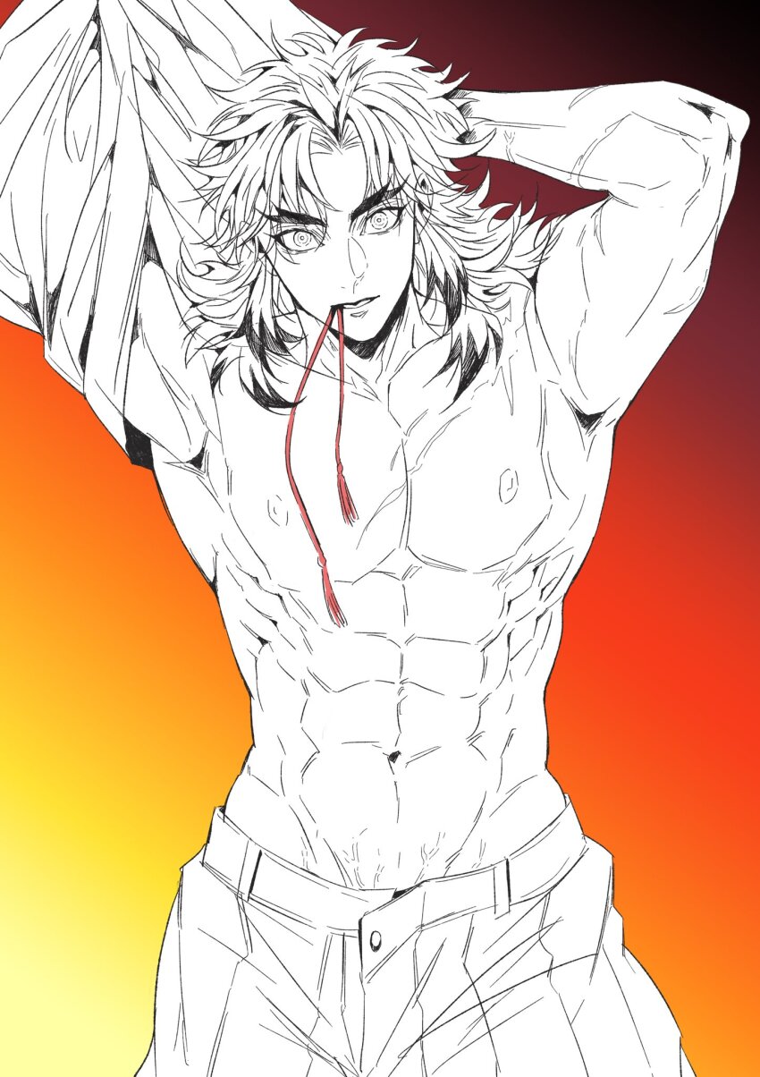 1boy abs arms_behind_head cow facial_scar forked_eyebrows gradient_background hakama hakama_pants highres japanese_clothes kimetsu_no_yaiba long_hair male_focus mouth_hold muscular muscular_male pants parted_bangs rengoku_kyoujurou renptuii05 ribbon ribbon_in_mouth scar scar_on_arm scar_on_cheek scar_on_face sidelocks solo topless_male veiny_stomach