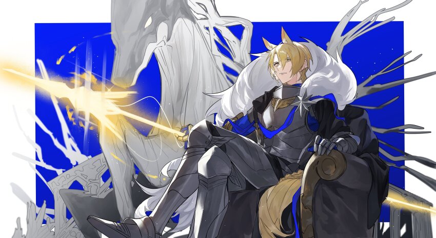 1boy absurdres animal_ears arknights armor black_cape blonde_hair blue_background border cape fur_collar highres holding holding_polearm holding_weapon horse horse_boy horse_ears horse_tail looking_at_viewer male_focus mlynar_(arknights) mlynar_(roar_against_the_wild)_(arknights) polearm ruins serious short_hair simple_background solo tail weapon white_background yakota_(usuk-yako) yellow_eyes