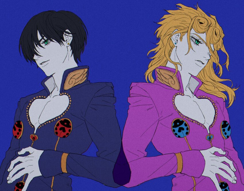 1boy alternate_hairstyle black_hair blonde_hair blue_jacket blurry blurry_background cleavage_cutout clothing_cutout dual_persona earrings giorno_giovanna green_eyes hair_down hair_over_one_eye haruno_shiobana high_collar highres jacket jewelry jojo_no_kimyou_na_bouken komiya_harumoto ladybug_ornament long_hair male_focus pectoral_cleavage pectorals pink_jacket stud_earrings time_paradox vento_aureo wing_ornament