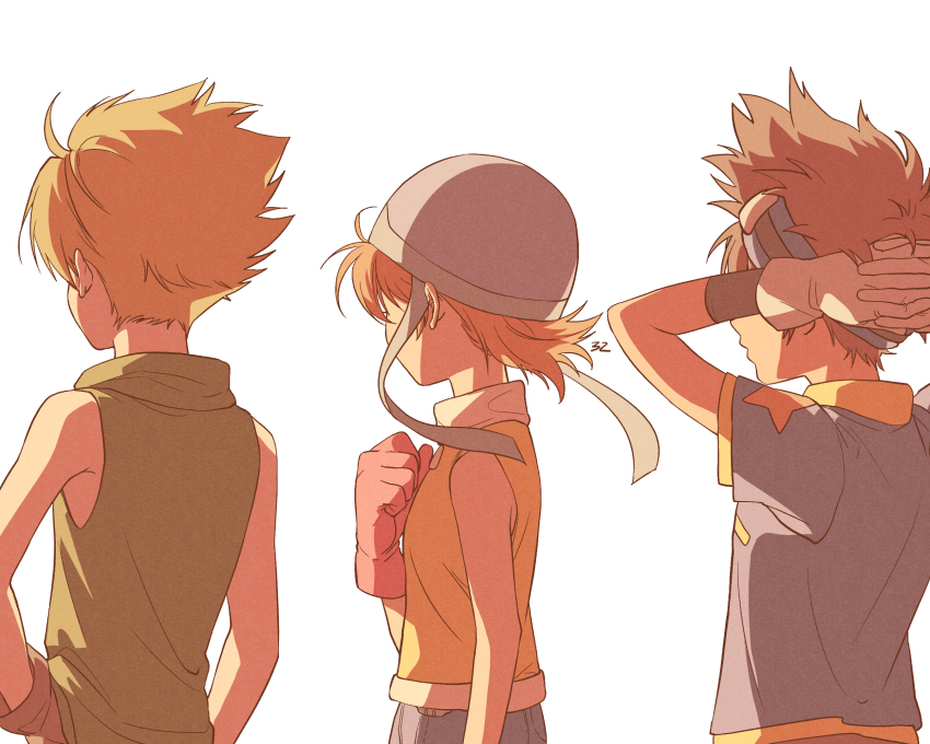 1girl 2boys arms_behind_head back bean32 blonde_hair blue_shirt brown_gloves brown_hair commentary digimon digimon_adventure gloves green_shirt hand_on_own_hip hat highres ishida_yamato multiple_boys pink_gloves shirt simple_background sleeveless symbol-only_commentary t-shirt takenouchi_sora warm_colored white_background yagami_taichi
