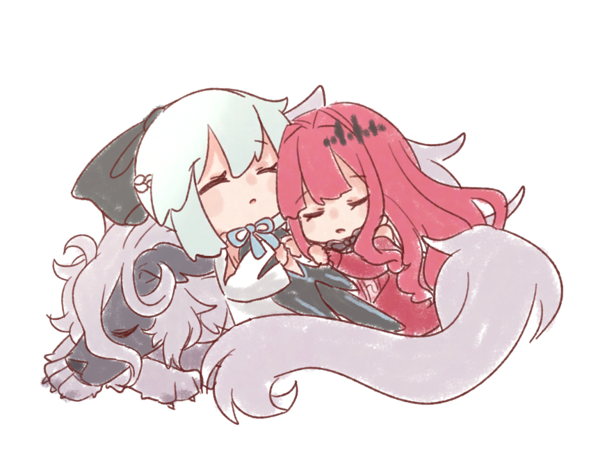 1boy 2girls baobhan_sith_(fate) black_bow bow closed_eyes fate/grand_order fate_(series) furry hair_between_eyes hair_bow highres long_hair long_sleeves morgan_le_fay_(fate) mother_and_daughter multiple_girls pink_hair ponytail shigure_(ffrh7824) simple_background white_hair woodwose_(fate)