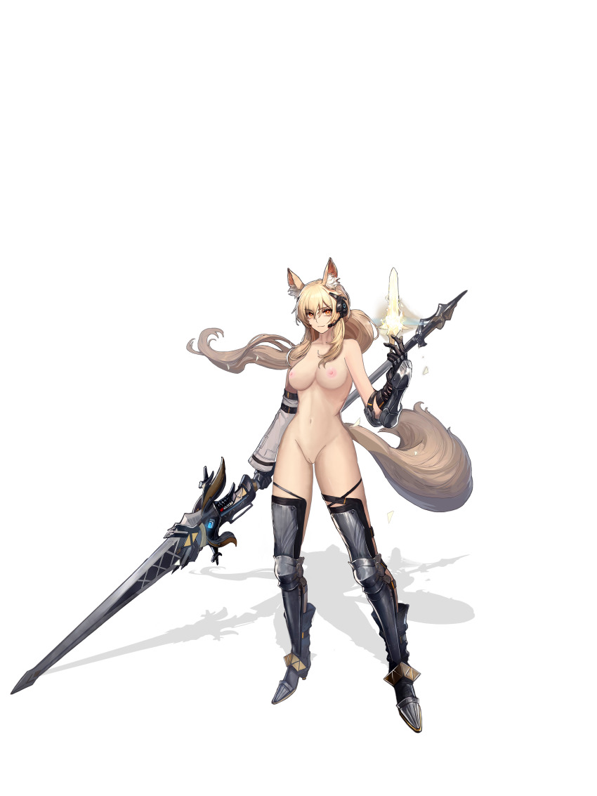absurdres animal_ear_fluff animal_ears arknights armored_boots black_gloves blonde_hair boots breasts brown_eyes energy_spear gauntlets gloves headset highres horse_ears horse_girl horse_tail kkjjiioo knee_pads large_breasts leg_armor long_hair navel nearl_(arknights) nearl_the_radiant_knight_(arknights) nipples nude pussy shin_guards tail uncensored