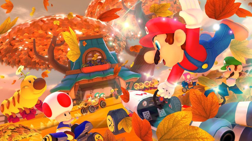 2girls 4boys angry brown_hair driving facial_hair flower forest gloves grin highres kart leaves looking_back luigi mario mario_(series) mario_kart mario_kart_tour multiple_boys multiple_girls mustache nature nintendo overalls princess_daisy princess_peach racing smile toad_(mario) toadette tree wiggler