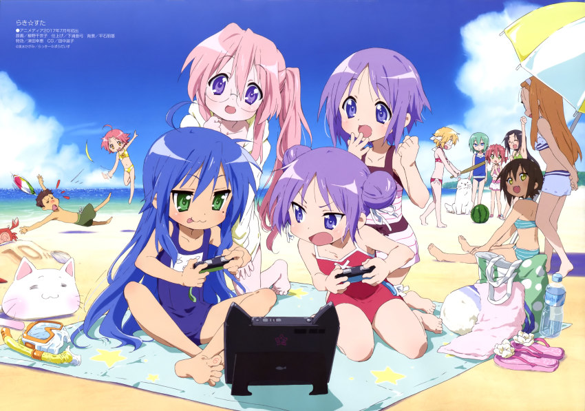 1boy 6+girls :d :p ^_^ absurdres ahoge arm_up bag barefoot beach bikini black_hair blonde_hair blue_bikini blue_hair cat cathead cherry_(lucky_star) clenched_hand closed_eyes controller crab day dog double_bun feet food fruit glasses green_eyes green_hair hair_bun highres hiiragi_kagami hiiragi_tsukasa iwasaki_minami izumi_konata joystick kobayakawa_yutaka kogami_akira kusakabe_misao long_hair lucky_star minegishi_ayano mole mole_under_eye multiple_girls nintendo_switch nyamou ocean official_art one-piece_swimsuit open_mouth parasol patricia_martin pink_hair pink_one-piece_swimsuit playing_games purple_eyes purple_hair sand school_swimsuit shiraishi_minoru short_hair siblings side_ponytail sisters sitting smile striped_bikini striped_clothes suikawari swimsuit takara_miyuki tamura_hiyori text_focus toes tongue tongue_out twins ueno_chiyoko umbrella watermelon white_bikini