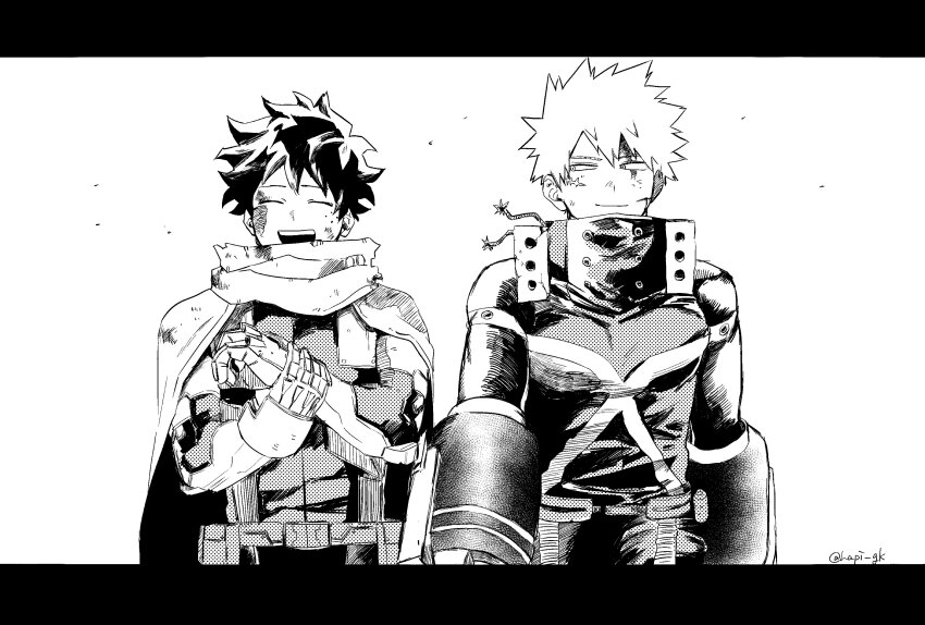 2boys absurdres arm_up bakugou_katsuki belt belt_pouch blood blood_on_face boku_no_hero_academia cape closed_eyes closed_mouth commentary_request cowboy_shot facial_scar greyscale hand_on_own_wrist hapi_gk highres letterboxed long_sleeves looking_at_another looking_to_the_side male_focus midoriya_izuku monochrome multiple_boys open_mouth popped_collar pouch scar scar_on_cheek scar_on_face shirt side-by-side simple_background smile standing superhero_costume teeth torn_cape torn_clothes twitter_username upper_teeth_only white_background