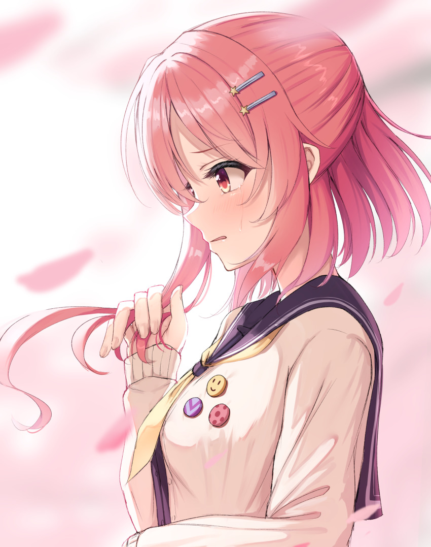 1girl 2024 badge black_sailor_collar blurry blush brown_cardigan button_badge cardigan commentary_request crying crying_with_eyes_open dated_commentary depth_of_field eyelashes falling_petals from_side hair_ornament hairclip half_updo hand_on_headwear hand_up highres koi_kakeru_shin-ai_kanojo long_hair long_sleeves ncontrail_(mgax7527) neckerchief open_mouth petals pink_background pink_hair profile raised_eyebrows red_eyes sad sailor_collar school_uniform serafuku shindou_ayane side_ponytail simple_background sleeves_past_wrists smile_emoji solo star_(symbol) star_hair_ornament streaming_tears tears tsurime upper_body yellow_neckerchief