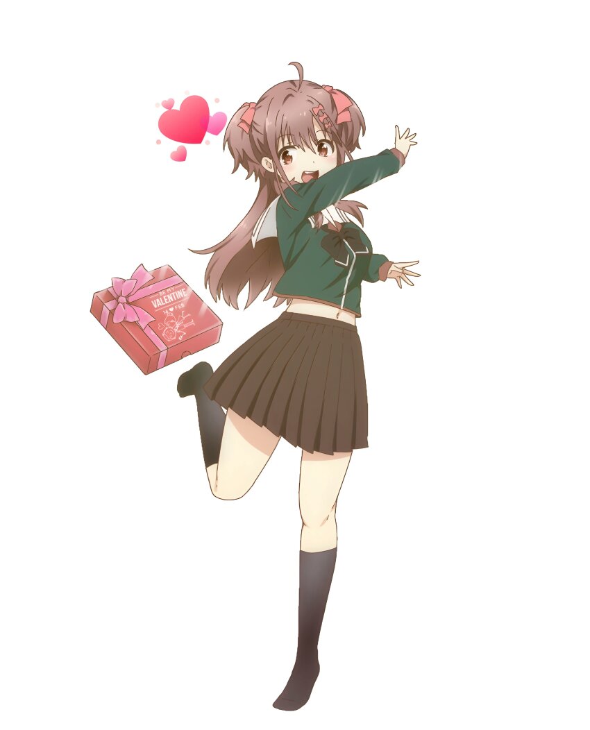 1girl 22/7 :d absurdres black_bow black_bowtie black_skirt black_socks bow bowtie box brown_eyes brown_hair full_body gift gift_box green_shirt hair_bow hair_ornament happy_valentine heart highres hitorilily kneehighs leg_up long_hair long_sleeves motion_lines no_shoes open_mouth pink_bow pleated_skirt rokubanchou_school_uniform sailor_collar school_uniform sera_honoka serafuku shirt simple_background skirt smile socks solo teeth throwing two_side_up upper_teeth_only white_background white_sailor_collar winter_uniform