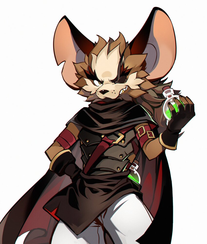 1boy absurdres afk_(series) afk_arena animal_ears cape commentary_request eyepatch fingerless_gloves furry furry_male gloves grin hand_on_own_hip highres holding holding_vial male_focus mouse_boy mouse_ears okn_369 one_eye_closed pants sharp_teeth smile teeth vial vurk_(afk) white_background white_pants
