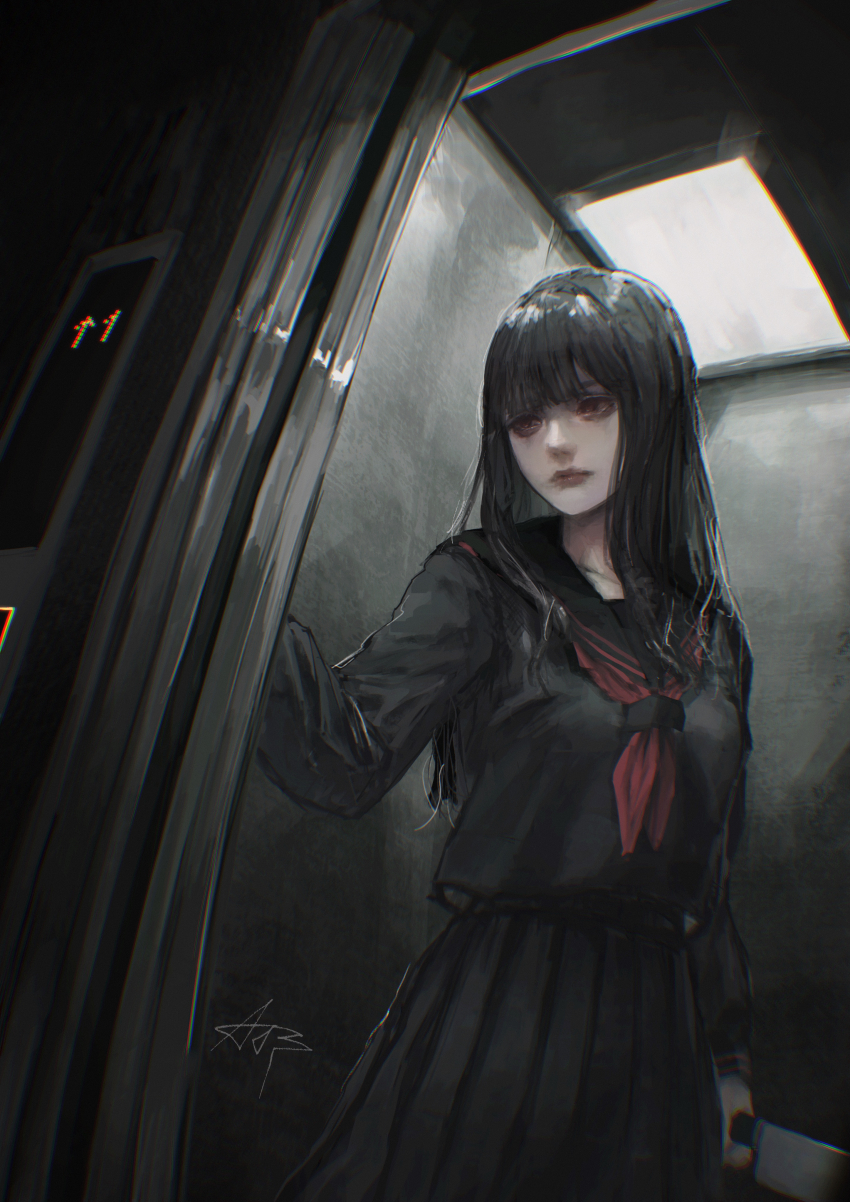 1girl absurdres arai_bokuseki black_hair black_serafuku black_shirt black_skirt bloodshot_eyes breasts elevator expressionless highres holding holding_knife horror_(theme) indoors knife lips long_hair original red_eyes school_uniform serafuku shirt skirt solo standing