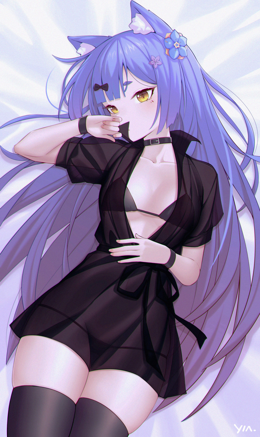 1girl absurdres animal_ear_fluff animal_ears azusa_(vtuber) virtuareal_link bikini black_bikini black_thighhighs blue_hair cat_ears chuansongdai collar flower hair_flower hair_ornament hand_on_own_face hand_on_own_stomach highres long_hair lying nijisanji on_back open_clothes see-through_clothes solo swimsuit thighhighs virtual_youtuber virtuareal yellow_eyes