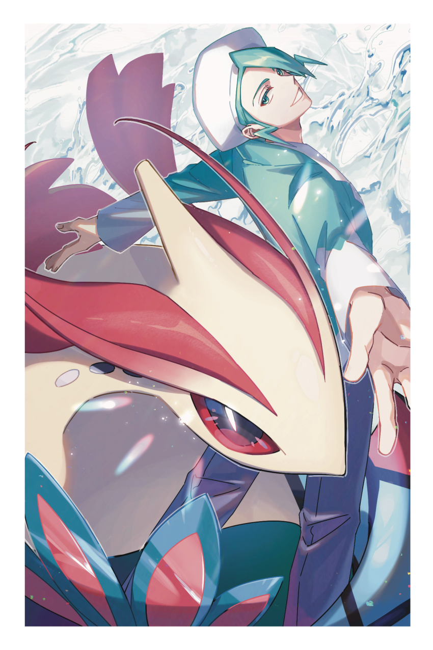 1boy beret border commentary_request gen_3_pokemon green_eyes green_hair green_shirt grin hat highres kado_51 long_sleeves looking_back male_focus milotic nintendo pants pokemon pokemon_(creature) pokemon_rse purple_pants shirt short_hair smile teeth wallace_(pokemon) water water_drop white_border white_hat