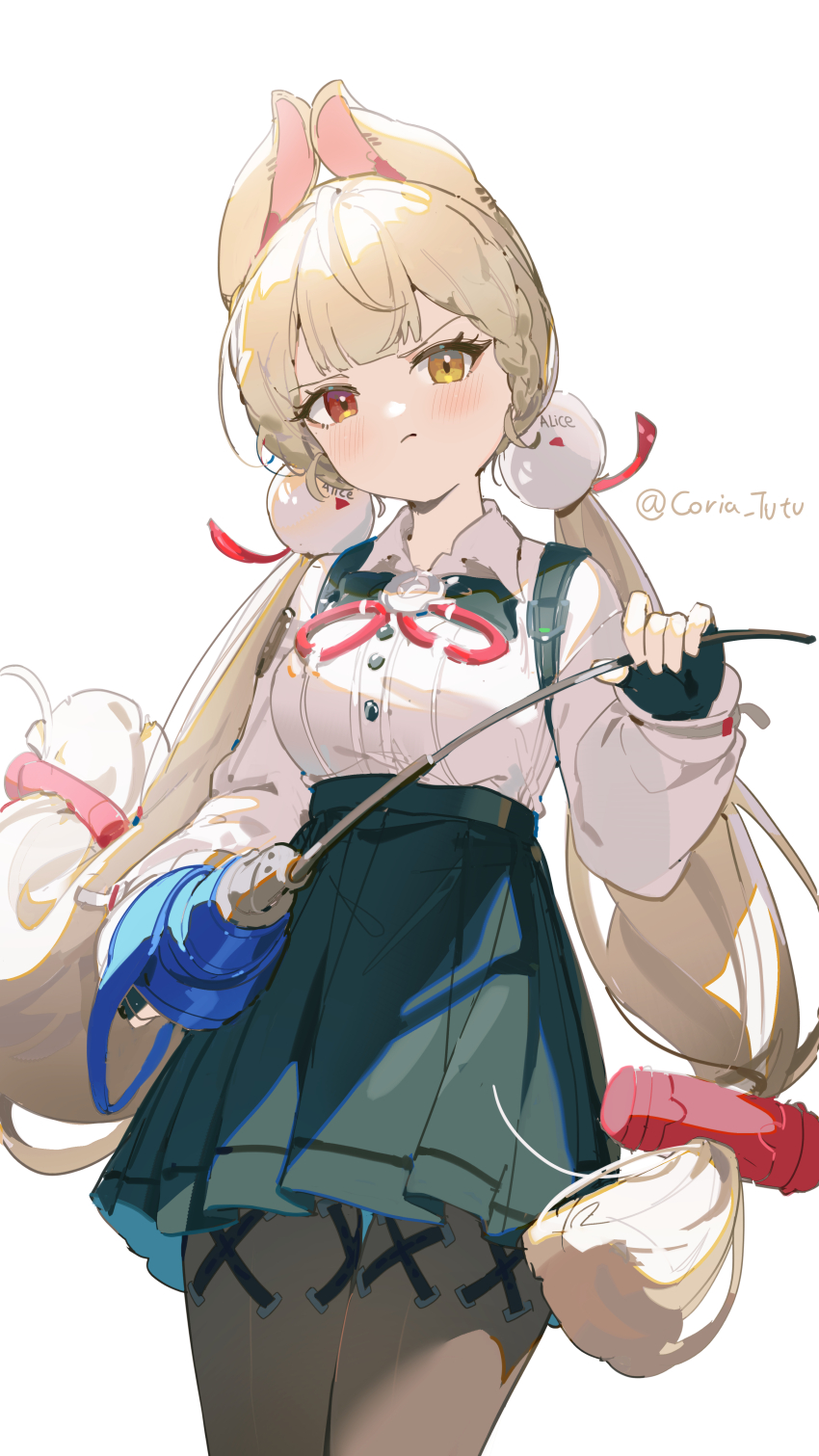 1girl absurdres alice_thymefield animal_ears black_gloves black_pantyhose blonde_hair closed_mouth coria fingerless_gloves gloves heterochromia highres long_hair long_sleeves looking_at_viewer low_twintails pantyhose rabbit_ears rabbit_girl red_eyes shirt shirt_tucked_in simple_background skirt twintails twitter_username white_background white_shirt yellow_eyes zenless_zone_zero