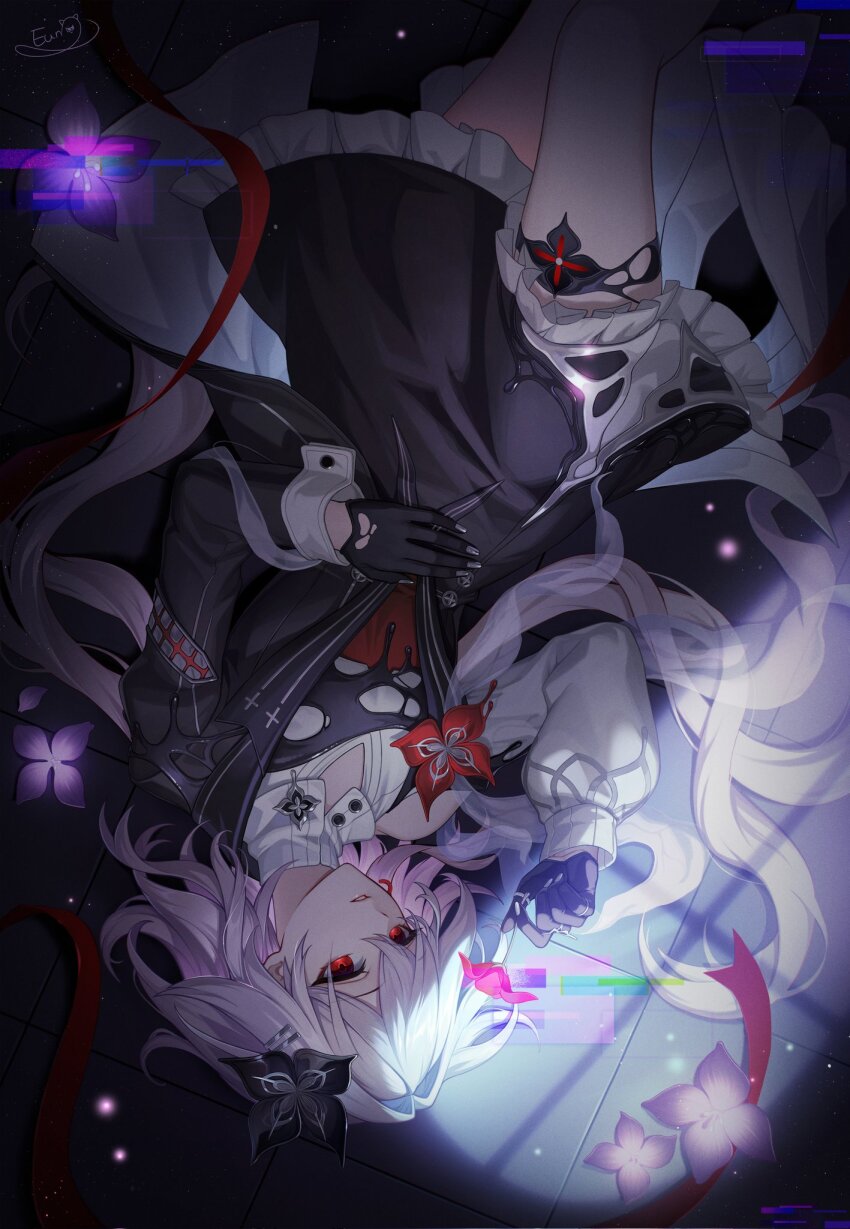 1girl asymmetrical_sleeves black_dress black_gloves buttons collar dress eunchil02 evernight_(honkai:_star_rail) flower frills glitch gloves grey_nails hair_flower hair_ornament hairclip highres honkai:_star_rail honkai_(series) long_hair lying march_7th_(honkai:_star_rail) mismatched_sleeves on_floor parallel_hairclips pink_flower pink_hair red_eyes red_flower red_ribbon ribbon upside-down very_long_hair white_collar