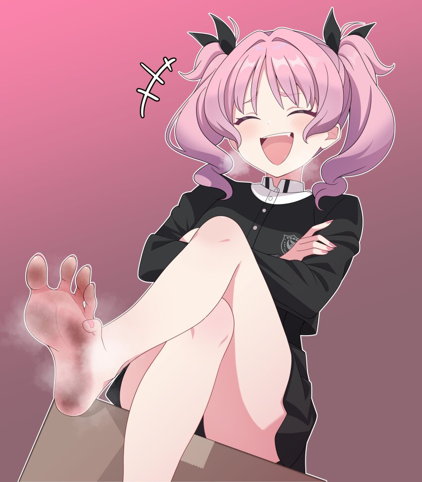 1girl absurdres aoi_nadeshiko bare_legs barefoot black_shirt black_skirt blush closed_eyes commentary_request crossed_arms crossed_legs dirty dirty_feet eyelashes feet foot_focus foot_out_of_frame gakuen_idolmaster gokugetsu_academy_school_uniform gradient_background hair_intakes high-waist_skirt highres idolmaster laughing legs long_sleeves nail_polish open_mouth pink_background pink_hair pink_nails pleated_skirt school_uniform shirt sitting skirt smell soles solo spread_toes steaming_body teeth thighs toenail_polish toenails toes toxic_pter twintails upper_teeth_only