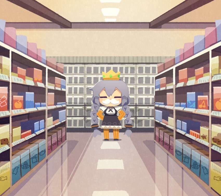 1girl =_= aisle black_dress blush_stickers braid chibi collared_shirt commentary_request cross_tie crown dress facing_viewer fake_facial_hair fake_mustache gloves grey_hair hands_on_own_hips highres king kizuna_akari konohoshi long_hair orange_gloves orange_pantyhose pantyhose puffy_short_sleeves puffy_sleeves ribbed_shirt shelf shirt short_sleeves solo standing striped_clothes striped_gloves striped_pantyhose supermarket twin_braids v-shaped_eyebrows vanishing_point vertical-striped_clothes vertical-striped_gloves vertical-striped_pantyhose very_long_hair vocaloid voiceroid white_shirt wide_shot