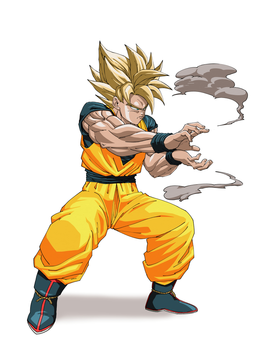 1boy absurdres blonde_hair dougi dragon_ball dragonball_z failure frown heydove highres kamehameha_(dragon_ball) male_focus muscular muscular_male simple_background smoke solo son_goku spiked_hair super_saiyan white_background wristband