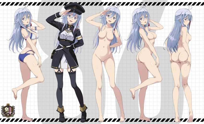 1girl 86_-eightysix- antenna_hair arm_behind_back ass barefoot black_boots black_hat black_jacket black_thighhighs boots breasts cleft_of_venus commentary_request completely_nude epaulettes feet full_body grabbing_another&#039;s_ass groping hair_between_eyes hat highres jacket kneepits large_breasts long_hair long_sleeves looking_at_viewer military_uniform multiple_views nanikairu navel no_nipples nude paid_reward_available peaked_cap pussy revision salute skirt soles standing standing_on_one_leg thighhighs thighs toes vladilena_millize white_skirt