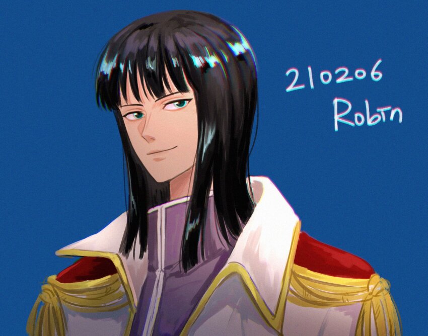 1girl bin_(binonep) black_hair blue_background blue_eyes blunt_bangs character_name closed_mouth coat coat_on_shoulders collared_coat commentary_request dated epaulettes high_collar highres korean_commentary light_smile looking_at_viewer medium_hair nico_robin nico_robin_(g-8) one_piece purple_shirt shirt short_hair simple_background solo white_coat