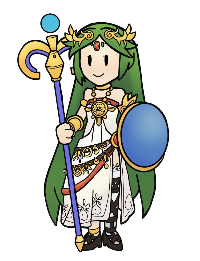 1girl alternate_art_style ancient_greek_clothes armlet chain circlet commentary dress english_commentary forehead_jewel full_body gold_armlet gold_chain gold_vambraces greco-roman_clothes green_hair highres holding holding_staff jewelry kid_icarus kid_icarus_uprising long_hair mario_(series) nintendo no_nose palutena paper_mario paper_mario_(style) red_trim shield side_slit sidelocks simple_background single_sock smile socks staff surachibee vambraces very_long_hair white_background white_dress