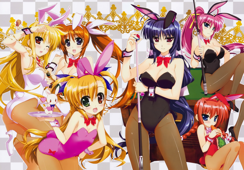 10s 6+girls absurdres ahoge alcohol animal_ears ass black_legwear black_leotard blonde_hair blue_eyes bottle bow bowtie braid breasts carrot champagne checkered_background cleavage cork cue_stick detached_collar drunk eating fake_animal_ears fate_testarossa flat_chest fujima_takuya green_eyes hairband heart heterochromia highres huge_filesize large_breasts leotard long_hair lyrical_nanoha mahou_shoujo_lyrical_nanoha_vivid mikaya_chevelle multiple_girls official_art one_eye_closed orange_hair pantyhose pink_hair plate playboy_bunny ponytail pool_table purple_eyes purple_hair red_eyes red_hair red_leotard sacred_heart see-through_clothes see-through_legwear side_ponytail signum table takamachi_nanoha twin_braids very_long_hair vita_(nanoha) vivio white_leotard wrist_cuffs