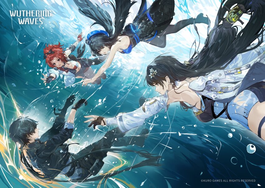 1boy 3girls absurdres alchemaniac armpits baizhi_(wuthering_waves) bare_arms bare_shoulders black_dress black_gloves black_hair black_pantyhose black_shirt blue_eyes blue_headwear boots breasts cape chixia_(wuthering_waves) crop_top detached_sleeves dress floating_hair freediving gloves hat highres large_breasts long_hair long_sleeves low-tied_long_hair male_rover_(wuthering_waves) midriff multiple_girls open_mouth outstretched_arm pantyhose partially_fingerless_gloves ponytail reaching red_eyes red_hair rover_(wuthering_waves) shirt short_shorts shorts single_sleeve sinking sleeveless sleeveless_dress sleeveless_shirt thigh_strap thighs underwater water white_shirt white_shorts wuthering_waves yangyang_(wuthering_waves)