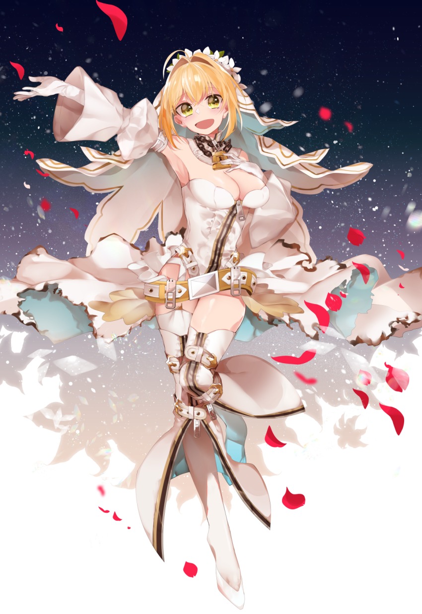 10s 1girl :d ahoge belt blonde_hair breasts bridal_veil cleavage fate/extra fate/extra_ccc fate_(series) female_focus full-length_zipper full_body gloves highres lock looking_at_viewer medium_breasts nero_claudius_(bride)_(fate) nero_claudius_(bride)_(second_ascension)_(fate) nero_claudius_(fate) nk open_mouth padlock petals short_hair smile solo standing thighhighs veil white_gloves white_thighhighs zipper