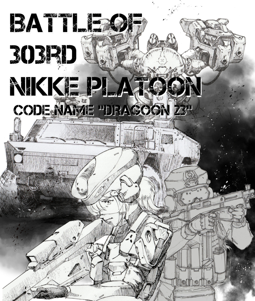 2girls absurdres armor closed_mouth combat_helmet comic_cover commentary_request ear_protection english_text goddess_of_victory:_nikke greyscale gun helmet highres holding holding_gun holding_weapon load_bearing_vest monochrome multiple_girls ogirin3948 pouch product_08_(nikke) rapture_(nikke) rifle scope smoke sniper_rifle soldier soldier_ow_(nikke) submachine_gun upper_body visor_(armor) weapon
