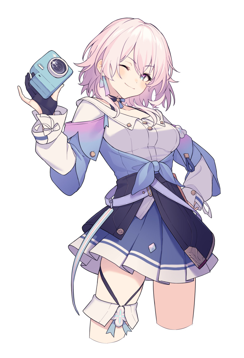 1girl absurdres camera cropped_legs highres honkai:_star_rail honkai_(series) looking_at_viewer lq_saku march_7th_(honkai:_star_rail) march_7th_(preservation)_(honkai:_star_rail) medium_hair multicolored_eyes one_eye_closed pink_hair simple_background smile solo two-tone_eyes white_background