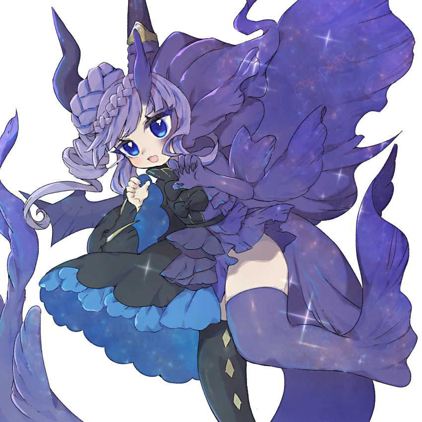 1girl black_dress black_thighhighs blue_hair demon_girl demon_horns demon_wings dimonno_vaalmonica dress duel_monster fusion highres horns kokodari multicolored_hair purple_hair purple_tail purple_thighhighs simple_background solo streaked_hair thighhighs two-tone_hair white_background wings yu-gi-oh! zebufera_vaalmonican_hallow_heathen