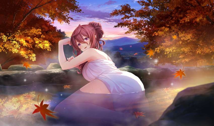 1girl autumn autumn_leaves cinderella_series cloud dutch_angle from_behind game_cg hachigatsu_no_cinderella_nine hair_between_eyes hair_bun highres honjo_chikage leaf long_hair looking_at_viewer looking_back maple_leaf mountain naked_towel non-web_source official_alternate_hairstyle official_art onsen open_mouth outdoors partially_submerged purple_eyes purple_hair reflection reflective_water rock single_hair_bun sky solo sparkle steam towel tree very_long_hair water wavy_hair