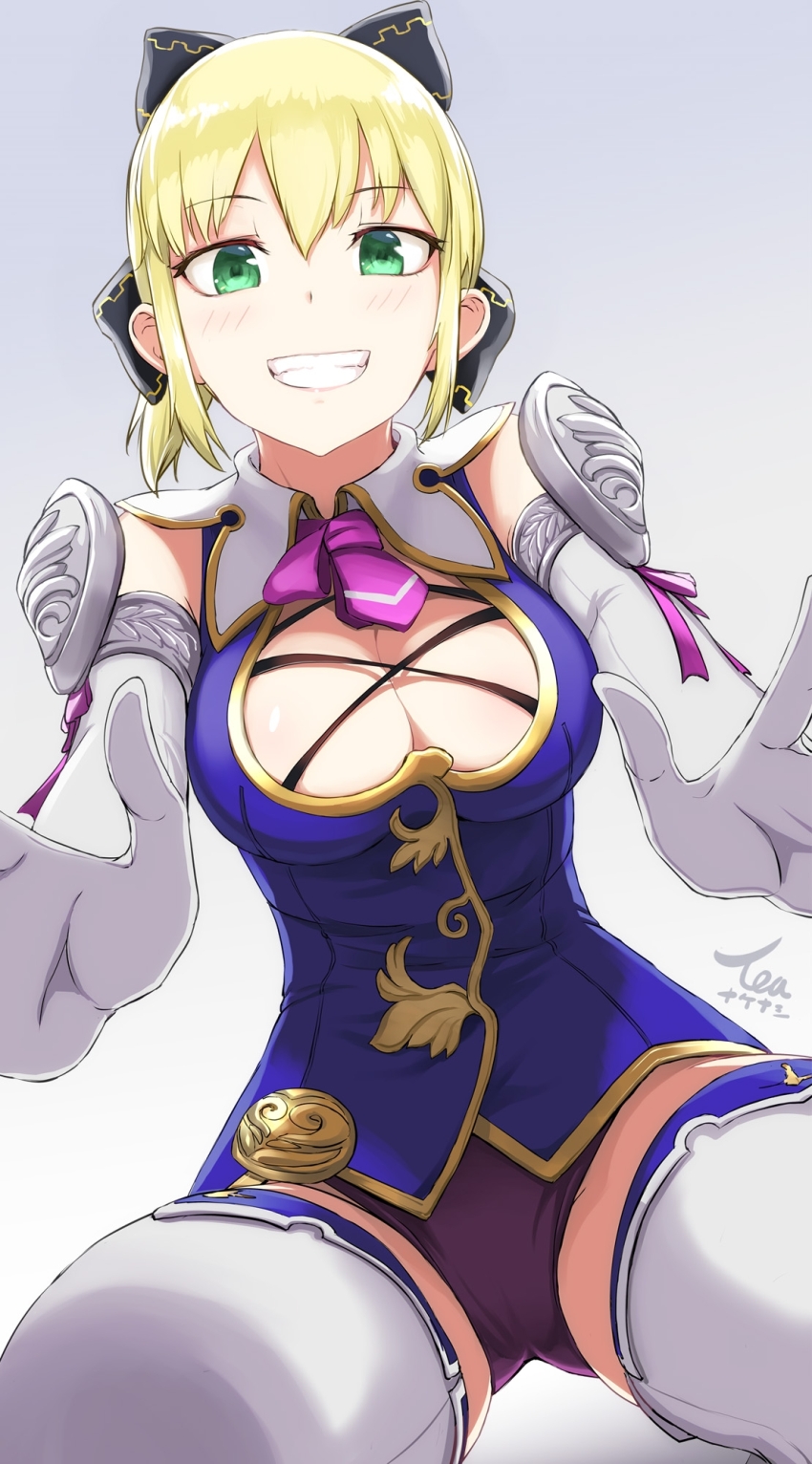 1girl black_panties black_ribbon blonde_hair breasts cassandra_alexandra cleavage elbow_gloves gloves green_eyes grin hair_ornament hair_ribbon highres large_breasts necktie panties pink_necktie ribbon short_hair shoulder_pads smile solo soul_calibur soulcalibur soulcalibur_iv tea_(nakenashi) teeth thighhighs underwear white_thighhighs