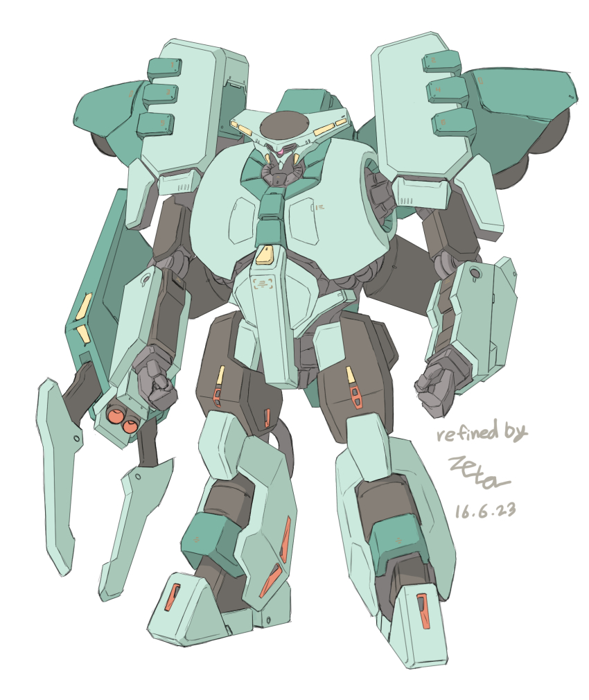 2016 arm_cannon bolinoak_sammahn cable clenched_hands colored_lineart commentary dated double_beam_cannon dual_arm_cannons english_commentary english_text exposed_internal_machinery gundam highres mecha mecha_focus mobile_suit no_humans one-eyed original pincers redesign robot science_fiction signature sketch weapon z006 zeta_gundam zeta_gundam_define