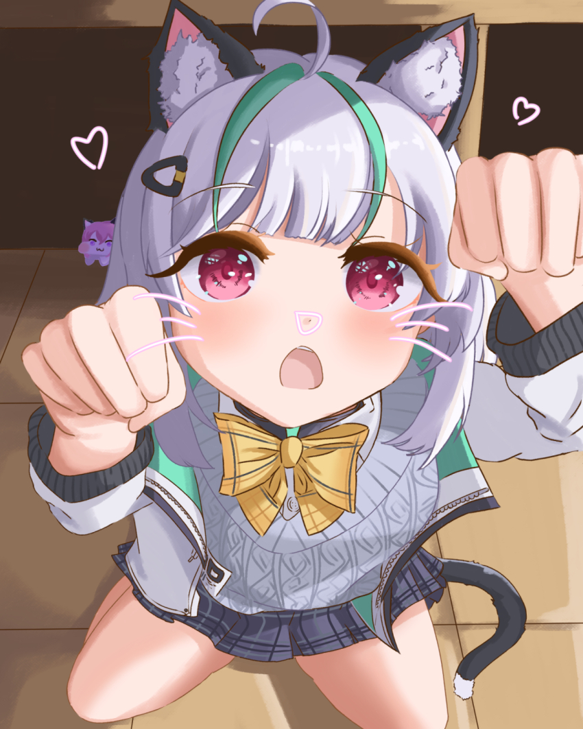 1girl admi_(nikke) ahoge animal_ear_fluff animal_ears black_skirt blush bow bowtie cat_ears cat_tail doro_(nikke) drawn_nose drawn_whiskers goddess_of_victory:_nikke green_eyes grey_hair grey_sweater hair_ornament heart highres jacket kemonomimi_mode kneeling lazy_aoba long_sleeves looking_at_viewer multicolored_hair open_mouth paw_pose pink_eyes plaid_clothes plaid_skirt pleated_skirt skirt streaked_hair sweater sweater_vest tail tile_floor tiles white_jacket yellow_bow yellow_bowtie