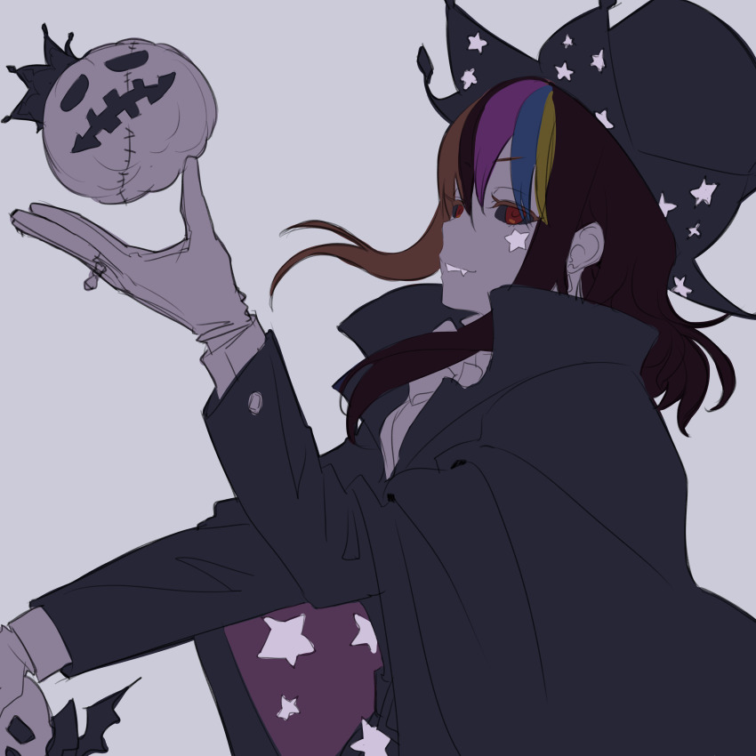 1girl absurdres bat_wings black_cloak black_headwear black_sclera brown_eyes brown_hair cloak colored_sclera commentary galaco galaco_(neo) gloves grey_background half-closed_eyes halloween highres jack-o&#039;-lantern jewelry medium_hair multicolored_hair red_eyes ring sharp_teeth sketch smile solo star_tattoo stitches streaked_hair tarokazu tattoo teeth vocaloid white_gloves wings