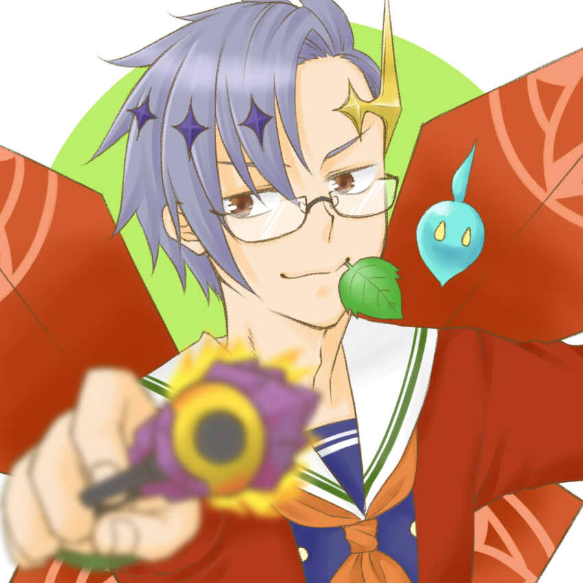 1boy aiming aiming_at_viewer asymmetrical_bangs black-framed_eyewear blue_shirt brown_eyes chima_(iccachima) closed_mouth commentary_request cowboy_shot glasses green_background grey_hair gun handgun highres holding holding_gun holding_weapon jacket leaf_in_mouth looking_at_viewer male_focus neckerchief orange_neckerchief ragnarok_masters ragnarok_online red_jacket sailor_collar shirt short_hair smile solo two-tone_background weapon white_background white_sailor_collar