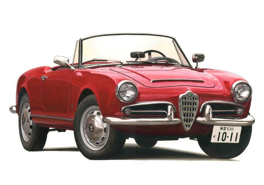 alfa_romeo alfa_romeo_giulietta alfa_romeo_giulietta_spider ape_(logo1113) car commentary convertible highres left-hand_drive license_plate motor_vehicle no_humans original painting_(medium) realistic rear-view_mirror red_car shadow simple_background steering_wheel traditional_media vehicle_focus white_background