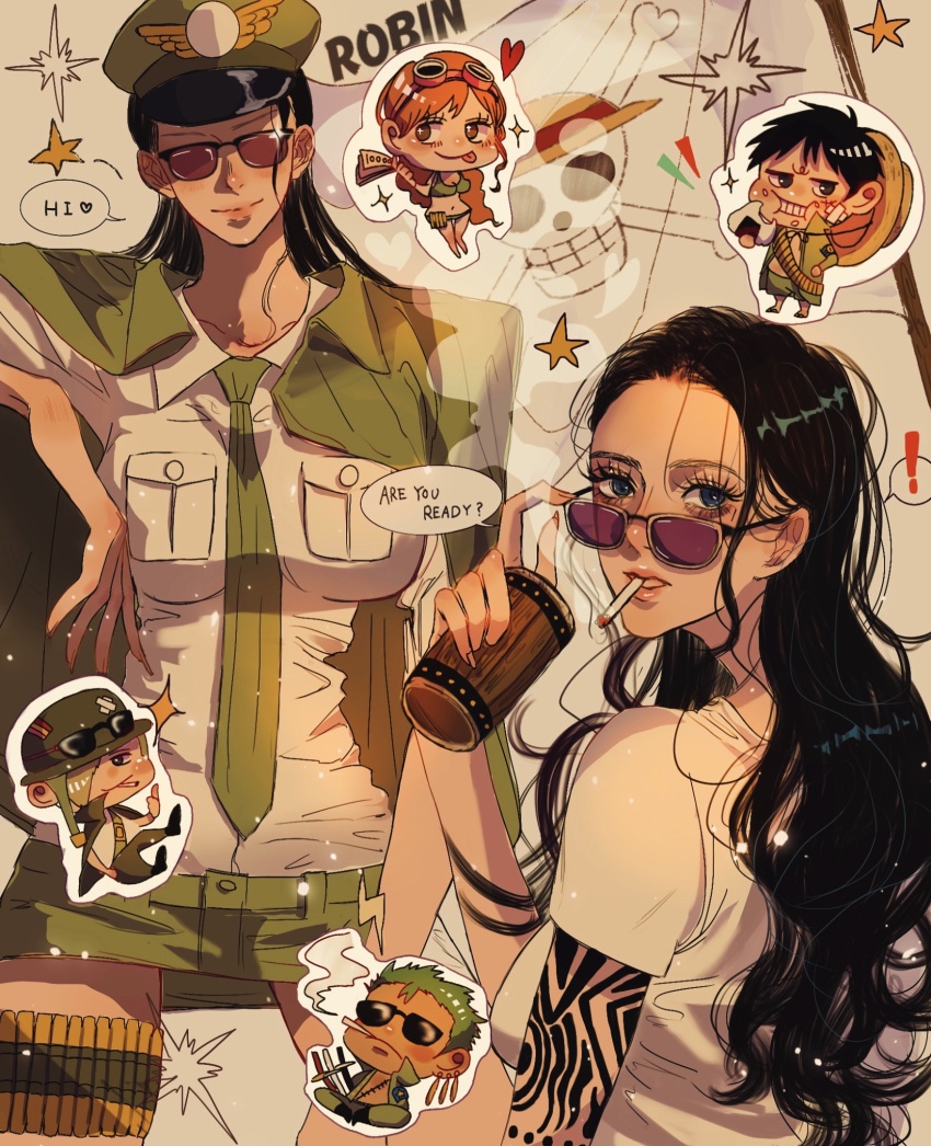 2girls 3boys arm_tattoo belt_pouch black_hair blonde_hair blue_eyes character_name chibi cigarette commentary cup earrings eating eyelashes food glint green_jacket green_necktie green_pants hair_slicked_back hat highres holding holding_cup jacket jacket_on_shoulders jewelry jolly_roger long_hair looking_back monkey_d._luffy multiple_boys multiple_girls multiple_views nami_(one_piece) necktie nico_robin one_piece onigiri orange_hair pants pouch rihirihi613 roronoa_zoro sanji_(one_piece) shirt short_hair smile smoke speech_bubble straw_hat straw_hats_jolly_roger sunglasses sword t-shirt tattoo weapon white_shirt