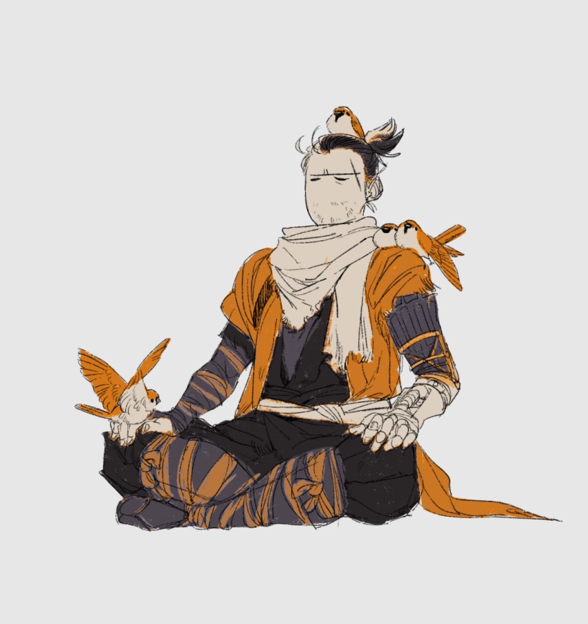 1boy animal animal_on_head animal_on_leg animal_on_shoulder bird bird_on_head bird_on_leg bird_on_shoulder closed_eyes coat facial_hair grey_background highres male_focus no_mouth no_nose on_head orange_bird orange_coat piyomotsu prosthesis prosthetic_arm scar scar_on_face scarf sekiro sekiro:_shadows_die_twice short_hair simple_background sitting