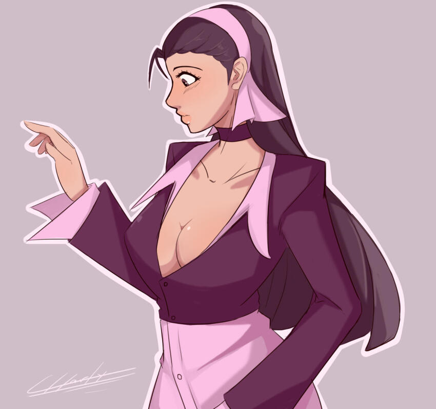 1girl black_hair breasts cosplay formal_clothes headband highres kagura_chizuru large_breasts priestess snk suit the_king_of_fighters thick_lips white_headband yagami_iori yagami_iori_(cosplay)