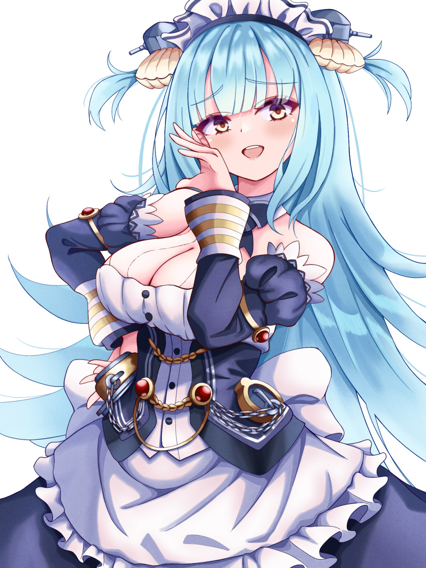 1girl apron azur_lane bare_shoulders blue_dress blue_hair breasts clam_shell cleavage commentary_request detached_sleeves dress fake_antlers frilled_apron frills gem highres juliet_sleeves kokonoe910 large_breasts long_hair long_sleeves looking_at_viewer maid_headdress neptune_(azur_lane) open_mouth puffy_sleeves red_gemstone shell_hair_ornament simple_background solo teeth upper_teeth_only very_long_hair white_apron white_background yellow_eyes