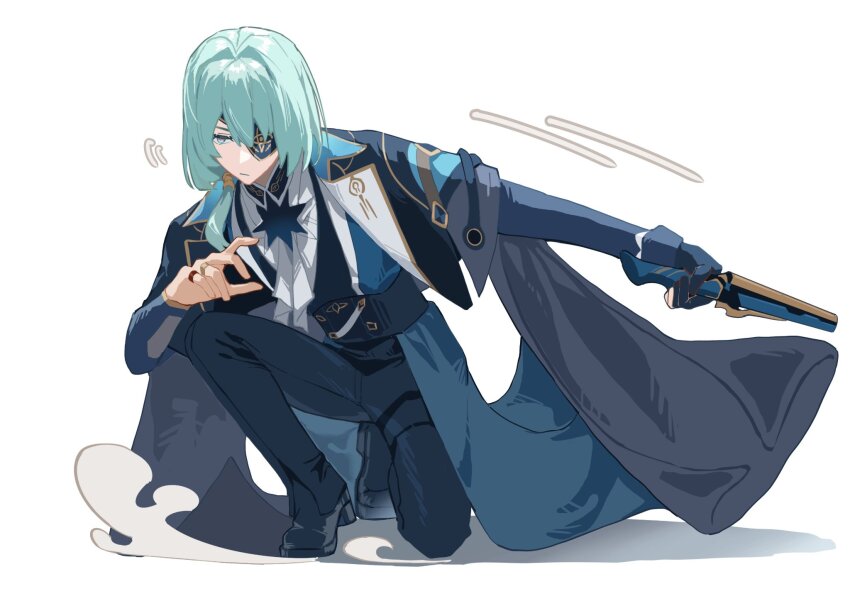 1boy anaxa_(honkai:_star_rail) aqua_eyes aqua_hair ascot black_coat blue_pants blue_vest coat commentary commentary_typo eyepatch frown gloves gold_trim highres holding honkai:_star_rail honkai_(series) jewelry looking_to_the_side male_focus multiple_rings pants ring short_hair simple_background single_glove solo squatting vest white_background zhuyi1001